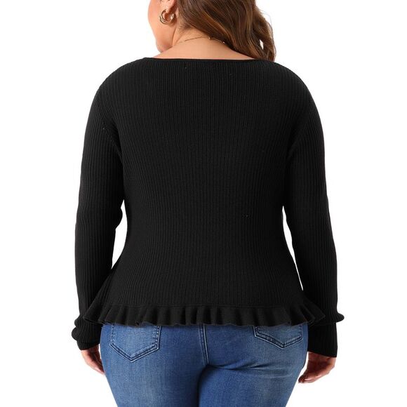 Plus Size Knit Sweater Ruffled Button Cardigan Outerwear Black - Picture 4 of 6